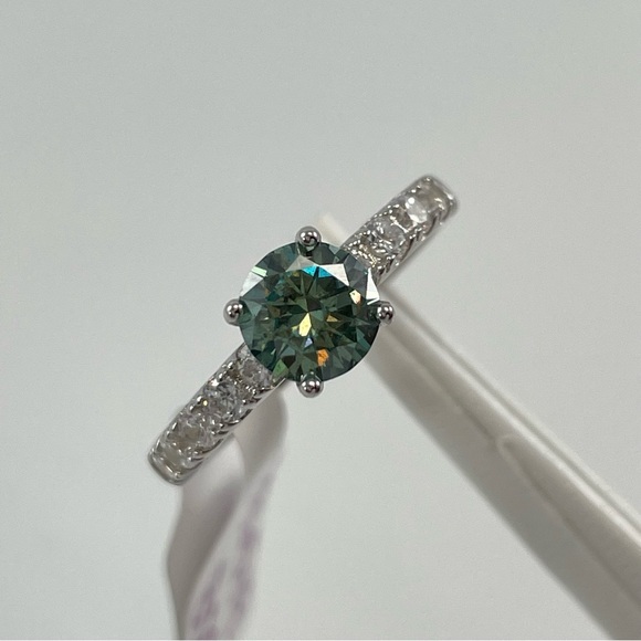 Sterling Silver Jewelry - 1ct‎ Certified Blue Green Moissanite Round Cut Sterling Silver Engagement Ring